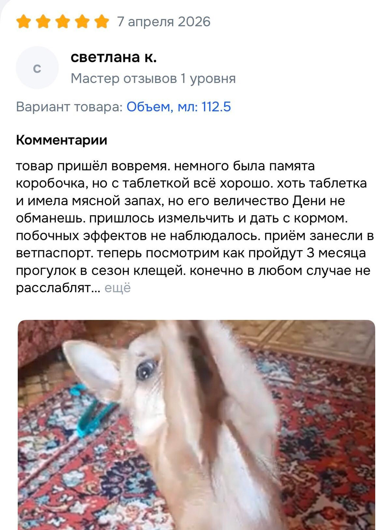 Отзыв о препарате Веприпак: Товар пришёл вовремя. Немного была помята коробочка, но с таблеткой всё хорошо. Хоть таблетка и имела мясной запах, но его величество Дени не обманешь: пришлось измельчить и дать с кормом. Побочных эффектов не наблюдалось. Приём занесли в ветпаспорт. Теперь посмотрим, как пройдут три месяца прогулок в сезон клещей.